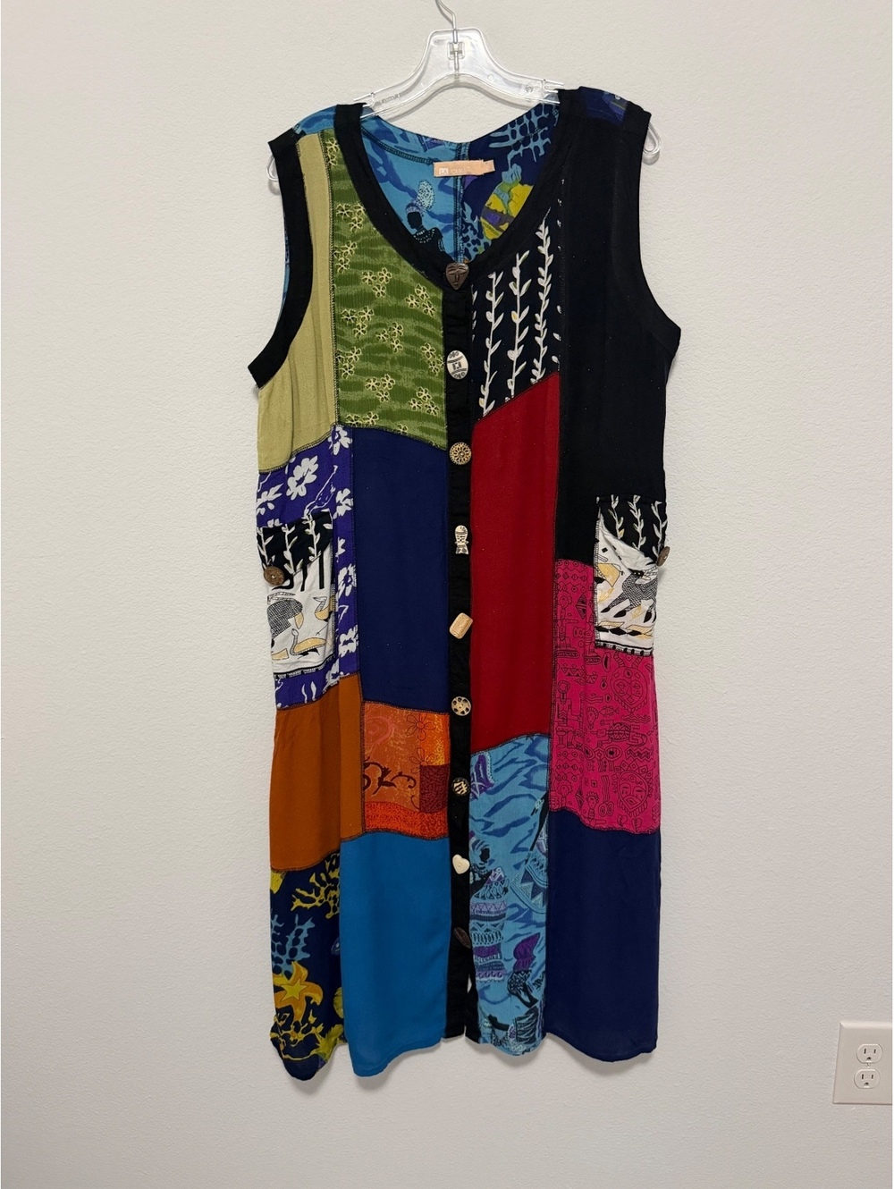 La Cera Sleeveless V-Neck Button Front Patchwork Boho Midi Dress Size XL petite